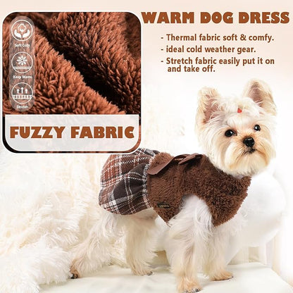 Yikeyo Dog Sweater Dress,Dog Dress Clothes Dresses for Small Dogs Girl Winter Fall Flannel Warm Pet Puppy Cat Tutu Princess Plaid Female Sweater (Medium, Brown)