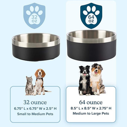 Set of 2 Stainless Steel Dog Bowls - 64oz or 8 Cups Double Wall Insulated Food and Water Bowls for Dogs and Cats, Non Slip Metal Pet Dishes for Medium-Large Pets, Puppy Essentials by PETMAKER (Black)