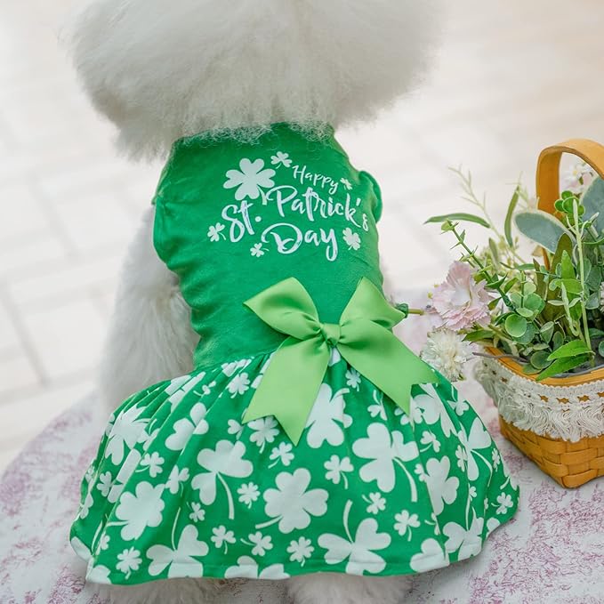 CuteBone St.Patrick's Day Dog Green Dress Velvet for Small Dogs Girl Puppy Dresses Clover Dog Clothes CVA14M-D