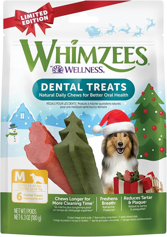 Wellness WHIMZEES Holiday Dog Dental Treat, Christmas Winter Seasonal Gift, Chews, Freshens Breath, Medium Size, 6.3 oz Bag, 6 Count