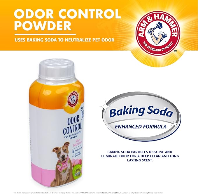 Arm & Hammer for Pets Odor Control Dry Shampoo Powder for Dogs & Puppies, Waterless Dog Deodorizer with Baking Soda, Paraben Sulfate and Dye Free Formula, Kiwi Blossom Scent, 4.2 Oz (Pack of 2)