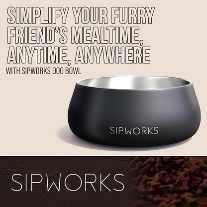 Sipworks Stainless Steel Dog Bowl – 32oz Weighted Metal Food and Water Bowls for Dogs and Cats with Non-Slip Base - Pet Bowls for All Breeds Sizes for Travel & Outdoor Play - Mahogany
