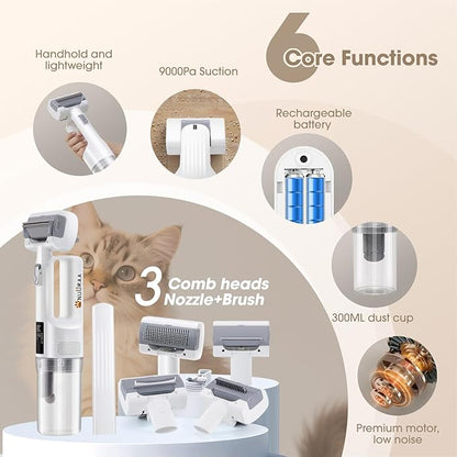 Pet Grooming Vacuum Kits-Dog&Cats Hair Remover Dematting Shedding, Cordless Handheld and Rechargeable Machine Friendly Noise with 9K Suction 300ml Dust Cup Travel/Household