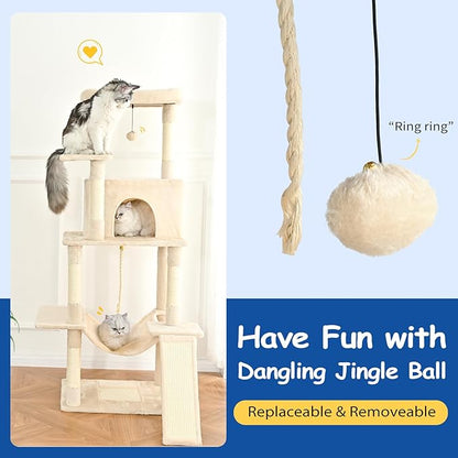Cat Craft Cat Tree 63 Inch Cat Tower for Indoor Cats, Multi-Level Cat Tree for Large Cats 20 lbs+ Heavy Duty Cat Tower with Sisal Scratching Posts, Hammock, Condo and Extended Platform, Beign