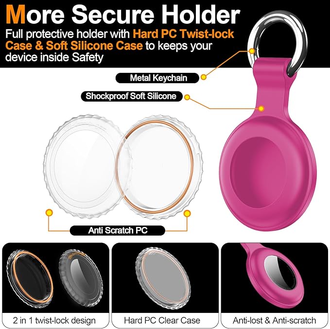 1|2|4Pack for Apple AirTag Holder,for Air Tag 2nd &1st Genaretion,Waterproof GPS Tracker Air Tag Keychain with Cover Anti-Scratch Silicone for Air-Tag Case for Pets,Kids-Blue+Brown+Orange+Rose Red