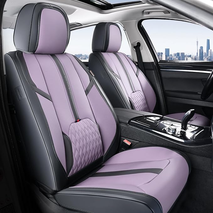 Coverado Front Seat Covers, 2 Pack Waterproof Seat Cover for Cars, Faux Leather Seat Covers with Lumbar Support, Car Seat Protectors Driver Car Seat Cushion Universal Fit for Most Cars (Black&Purple)