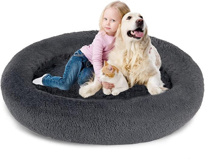 SAVFOX 54 inches Calming Donut Dog Bed - 3X Durable Plush Faux Fur, Machine Washable & Non-Slip, Fits up to 210 lbs, Removable Cover, Dark Grey