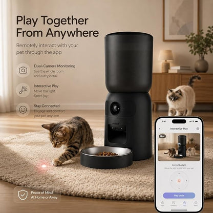 Automatic Cat Feeder with Camera, 2K WiFi App-Controlled Pet Feeder | 2K Dual-Camera Monitoring, 2.4/5GHz WiFi, App Control, Motion Tracking, Portion Control, Dual Power, 6L Capacity