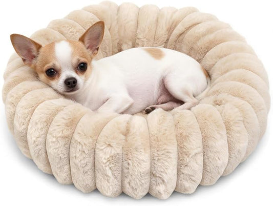 Mini Dog Bed for Very Small Dogs & Cats Washable, Fluffy Round Extra Small Kitten Beds for Indoor Kittens, Ultra-Soft Tiny Puppy Cat Donut Bed for Cozy Sleep, Beige, 16 x 16 x 3.5 Inch