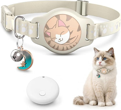 Cat Tracker Collar - Waterproof Airtag Cat Collar with Finder Tag, Khaki | Compatible with Apple Find My (iOS ONLY), Breakaway Tractive Design with Reflective Pattern & Bell (Not for Android Devices)
