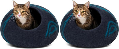 MEOWFIA Cat Cave – Premium Felt Cat Bed for Indoor Cats, Handmade 100% Merino Wool, Cat (Large, Black Aqua) (Pack of 2)