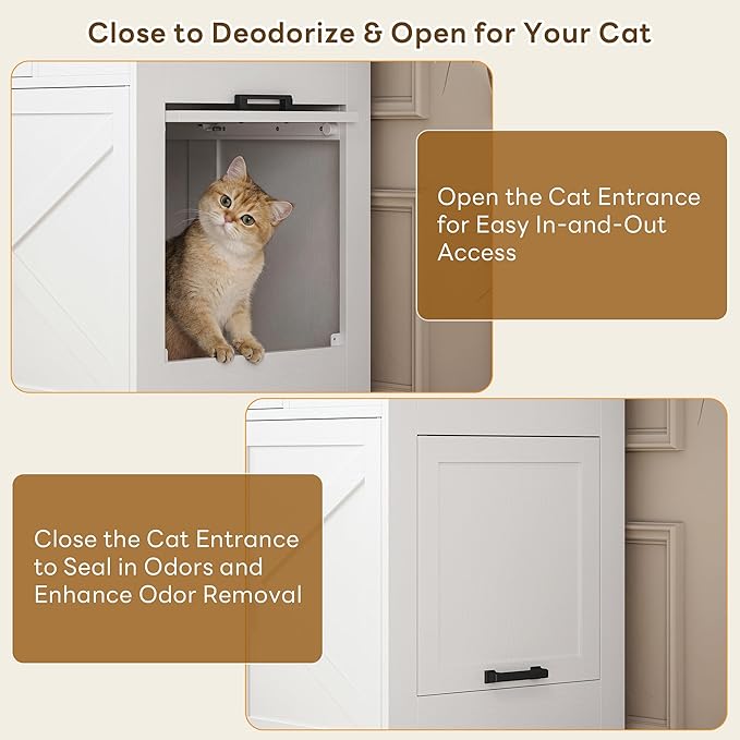 LIKIMIO 31.5" Smart Cat Litter Box Enclosure with LED Odor Control, Farmhouse Hidden Cat Litter Box Furniture with Hinged Entrance and Drawer, Litter Box Cabinet for Living Room, White