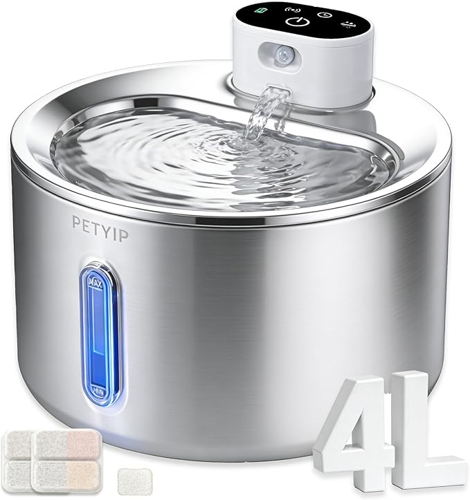 Cat Water Fountain Stainless Steel,135 Fl Oz/4L Wireless Automatic Cat Water Dispenser,5000mAh Battery Powered,for Cats & Dogs Indoor (Cat Fountain + 2 Set Filter)