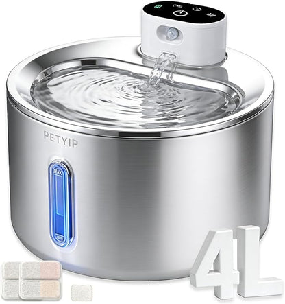Cat Water Fountain Stainless Steel,135 Fl Oz/4L Wireless Automatic Cat Water Dispenser,5000mAh Battery Powered,for Cats & Dogs Indoor (Cat Fountain + 2 Set Filter)