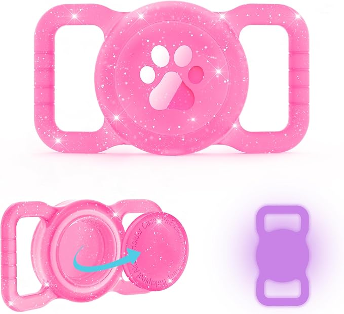 SANKALA Luminous Airtag Dog Collar Holder, Pink Glitter, 1 Pack | Glittery, Waterproof, Silicone Full Body Covered Anti-Lost Protective, Fits All Width Pet Collars, for Airtag 1st and 2nd Gen