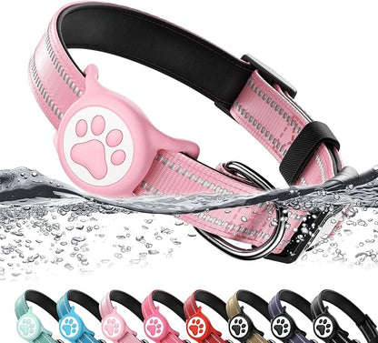 Premium Airtag Dog Collar,with IP68 Waterproof AirTag Holder,Pink,S | Soft，Breathable，Nylon Padded，Reflective，Ultra-Durable Buckle，Adjustable，Comfortable for Small Medium Large Dogs