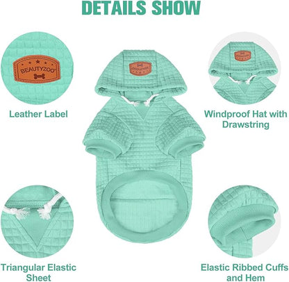 BEAUTYZOO Small Dog Hoodie Sweater with Pockets, Dog Clothes for Small Medium Dogs Boy Girl, Waffle-Like Laminated Cotton Pet Coats with Hat and Leash Hole, Mint Green L