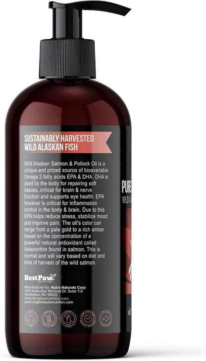 Best Paw Nutrition Wild Alaskan Salmon & Pollock Oil for Dogs & Cats – Fish Oil for Dogs Liquid Pump – Omega 3 EPA DHA – Skin & Coat, Itch & Shedding Support – Joint Supplement – 16 oz