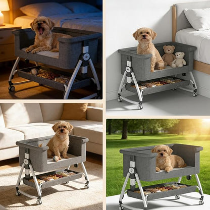 Bedside Dog Bed, Cosleeper Pet Dog Bed with Removable Washable Cushion Adjustable Height, Extension for Human Bed for Small & Medium Puppy & Cat