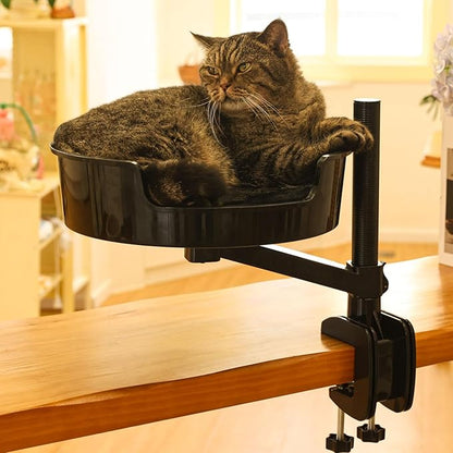 Cat Bed Desk with Pet Mat, Cat Hammock for Desk with Bowl, 360° Rotation and Adjustable Height, Black