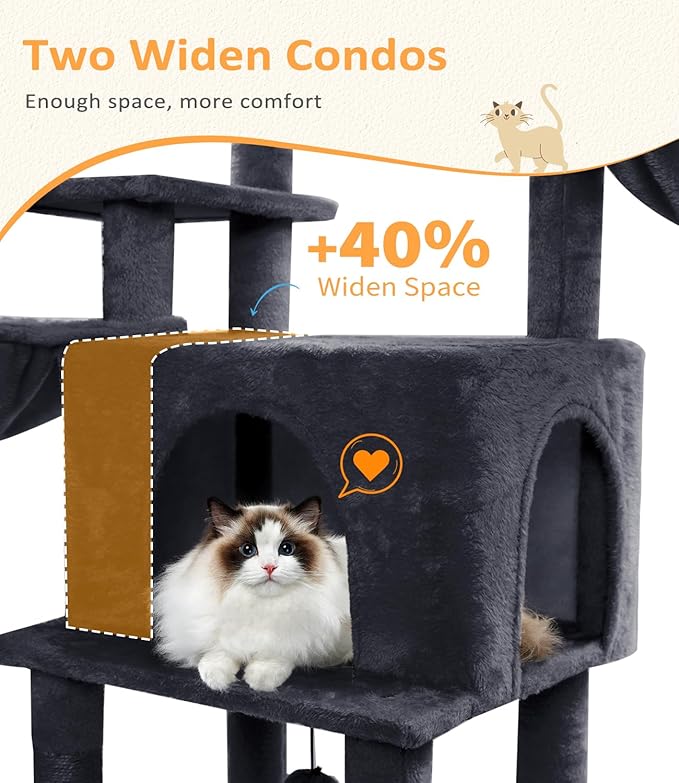 ABCPET Cat Tree Large Cat Tower Tree 68" Multi-Level Cat Tower for Indoor Cats with Sisal Scratching Posts, Widen Cat Perche, Square Hammock, 2 Widen Condos, Scratching Posts, Grey