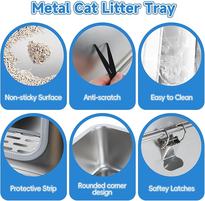 Stainless Steel Cat Litter Box XXL, 23.6" L x 15.7" W x 11.8" H Extra Large Semi Enclosed Removable Metal Litter Tray with High Sided Enclosure, Scoop, Anti-Leakage, Non-Sticky, Easy Cleaning