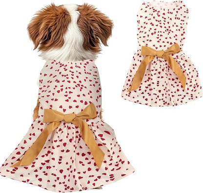 Valentines Day Dog Costume Dress S, Cream White with Red Heart Print Golden Bow, Glitter Heart Pet Outfit for 6-7 lbs Dogs and Cats, Romantic Holiday Clothing