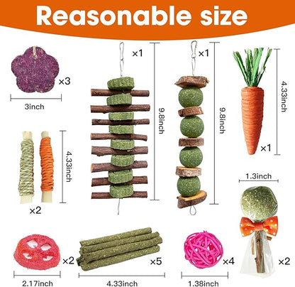 Jorewood 21 Pcs Rabbit Chew Toys for Teeth, Natural Bunny Toys Peach Wood Grass Timothy Sticks Chew and Treat for Guinea Pigs Hamster Chinchillas and Other Small Pets