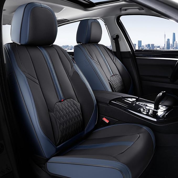 Coverado Front Seat Covers, 2 PCS Luxury Leather Seat Covers with Lumbar Support, Universal Seat Cover for Cars, Car Seat Protector Waterproof, Automotive Seat Cushions Fit for Most Cars (Blue&Black)