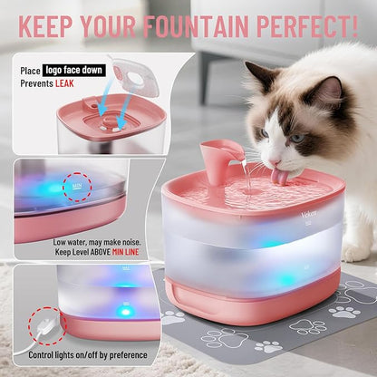 Veken Cat Water Fountain with Detachable Tank, Easy to Clean & Assemble, 85oz/2.5L Automatic Pet Drinking Dispenser with Quiet Operation & LED Light for Cats, Dogs and Small Pets, Red