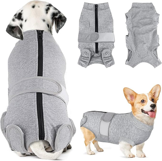 Lukovee Recovery Suit for Dogs, Zipper On Recovery Suit for Female Male Dog, Onesie Abdominal Wounds Cone E-Collar Alternative Prevent Licking Spay Recovery Suit (S,GY)