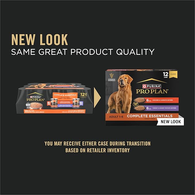 Purina Pro Plan Wet Dog Food Grain Free Complete Essentials Variety Pack, Chicken and Carrots and Turkey and Sweet Potato Entrees - (Pack of 12) 13 oz. Cans