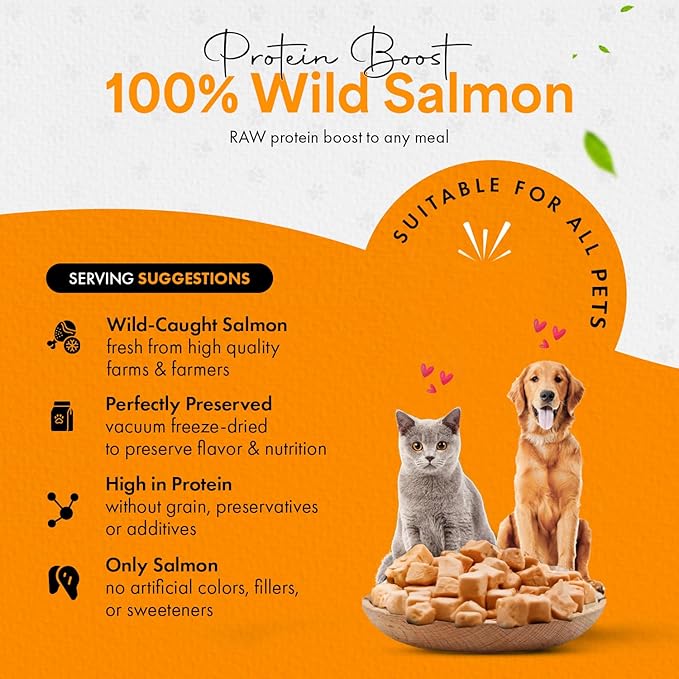 Freeze-Dried Salmon Treats for Cats & Dogs – 100% Wild Caught, Single Ingredient, High-Protein, Healthy Snack – No Additives or Preservatives – 7.0oz - Inspected & Tested in USA