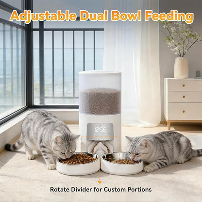 NEWBULIG Automatic Cat Feeder for 2 Cats, 6L Timed Pet Feeders, White | Dual Bowls, 25.3 Cups, 10s Voice Recorder, Dog Food Dispenser for Dry Food, 6 Meals/Day, 50 Portions/Meal, Dual Power Supply