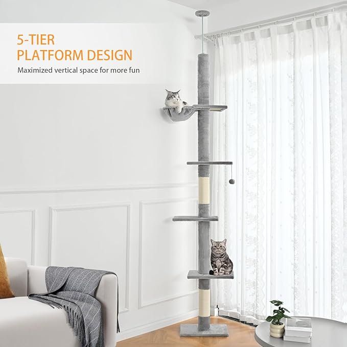 ABCPET Floor to Ceiling Cat Tree,5 Tiers Tall Cat Tower with Adjustable Height(98-110),Cat Tree Floor to Ceiling with Cozy Hammock,Sisal Scratching Posts,Platforms,and Hanging Balls for Large Cats
