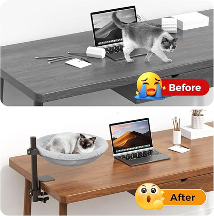 On/Under Cat Desk Bed - 360°Rotation & Adjustable Mount Perch Cats Hammock Up to 50 lbs Cat Furniture for Office Desks and Game Tables with 2 Soft and Breathable Dual-Sided Reversible Mat