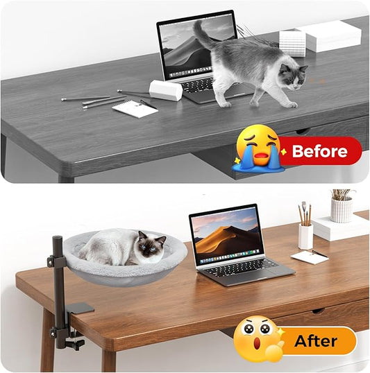 On/Under Cat Desk Bed - 360°Rotation & Adjustable Mount Perch Cats Hammock Up to 50 lbs Cat Furniture for Office Desks and Game Tables with 2 Soft and Breathable Dual-Sided Reversible Mat