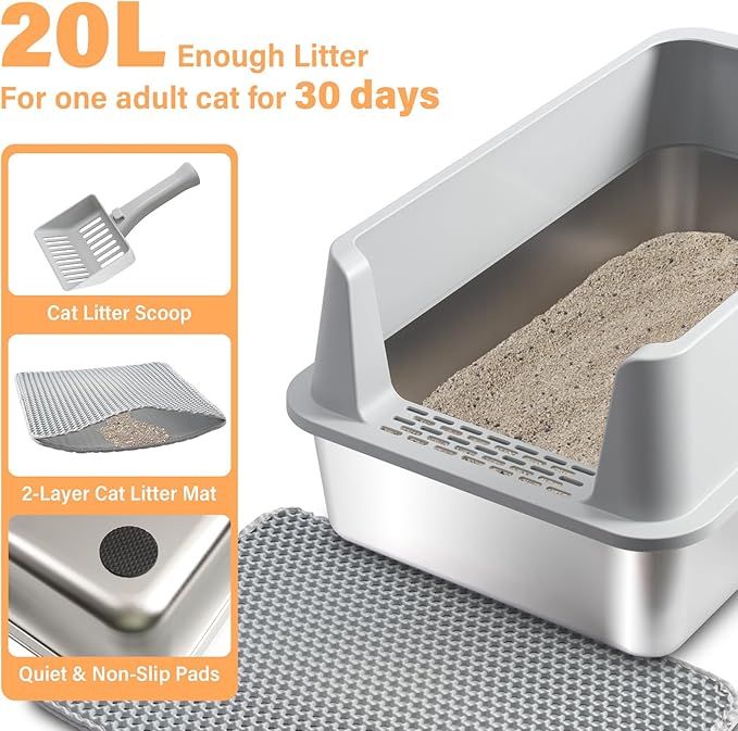 2PACK Stainless Steel Litter Box, XL Cat Litter Box with Lid for Big Cat, Extra Large Metal Litter Boxes with High Side, Non-Stick, Odor-Resistant, Anti-Urine Leakage, Includes Mat & Scoop
