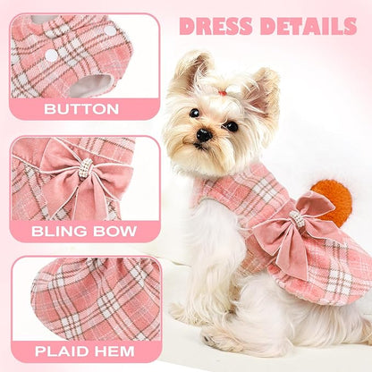 Yikeyo Dog Sweater Dress,Fleece Lining Plaid Dog Dress Sequins Bow-Knot Winter Dog Clothes Girl Pet Clothes Sweater Dresses Coats Cat Outfits XS,Pink