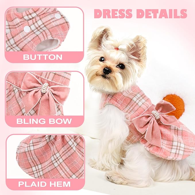 Yikeyo Dog Sweater Dress,Pink Plaid Dog Dress for Small Dogs Girl, Fall Winter Warm Fleece Lining Female Clothes, Pet Outfits Coat, Cat Apparel Holiday Christmas, Small