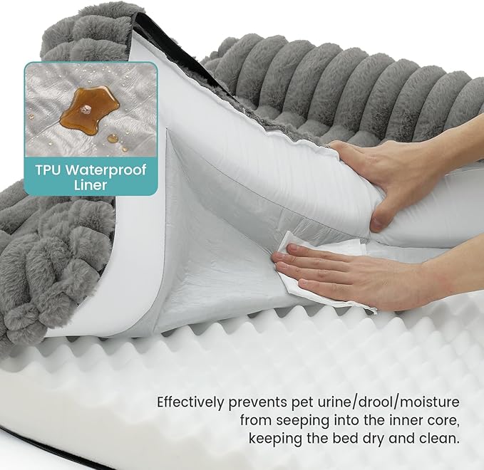 COZY KISS Cute Dog Bed for Medium Dogs, Faux Rabbit Fur Orthopedic Foam Dog Bed with Sides, Removable Washable Cover & Waterproof Lining, Comfortable Pet Couch, Grey (36" L x 27" W x 6.5" Th)