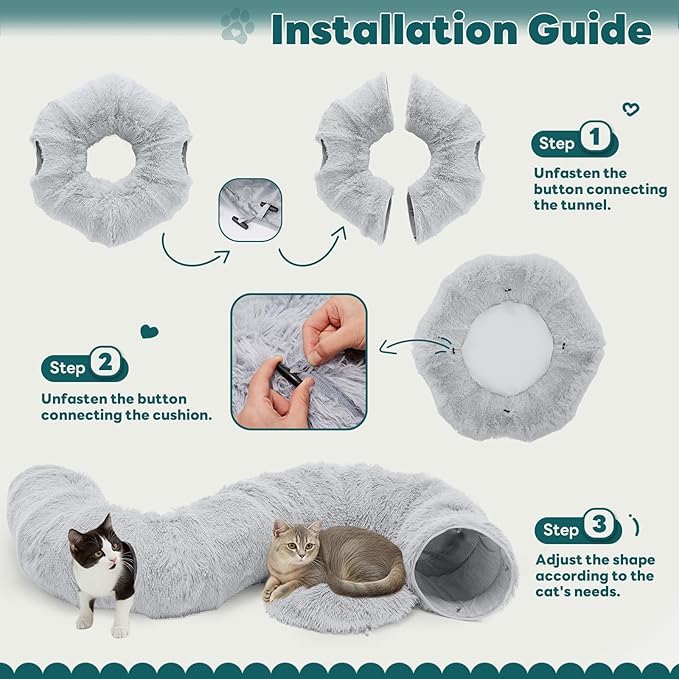 DUMOS Cat Tunnel Bed for Indoor Cats Cave Donut Play Tunnel with Soft Plush Peekaboo, Circle Cushion, Washable Multifunctional Playground Under Tree Pet Toys for Kittens, Puppy Rabbit, Ferret, Grey