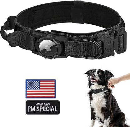 Tactical AirTag Dog Collar - Heavy Duty, Adjustable GPS Collar | Compatible with Apple AirTag, with Holder & Control Handle for Medium/Large Dogs [ Black, XL ]