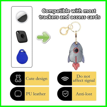 Leather Keychain Holder Case Compatible with AirTag,Cute Protective Cover with Keyring,Anti-Scratch Finder GPS Tracker Case for Wallet Keys,bag,pets,Backpack(Rocket Grey)
