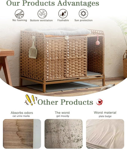 SETVSON Cat Litter Box Enclosure Furniture with Divider, Handwoven Rattan Litter Box with Mat, 31.2 x 19.6 x 24.2 Inches, Metal Heightened Feet, Hidden Cat House for Living Room, Bedroom (Natural)