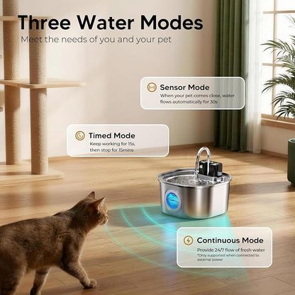 Voluas Stainless Steel Cat Water Fountain, Wireless, 108oz/3.2L, 4 Filter | Cordless Design, Ultra-Quiet Pump, Easy to Clean, BPA-Free