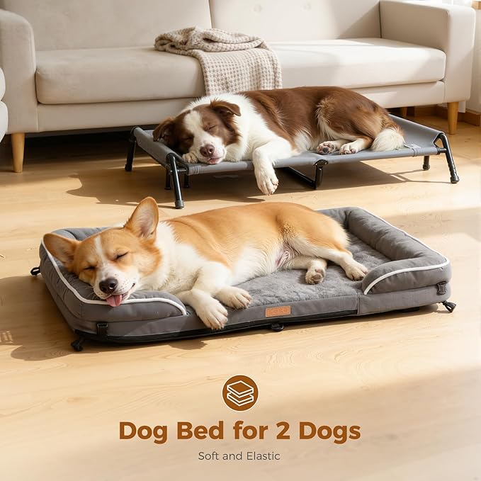 Lekereise Raised Outdoor Medium Dog Bed Cot + Orthopedic Indoor Dog Sofa Bed, 2-in-1 Design,39 x 29 Inch Cooling Elevated Puppy Bed with Egg-Crate Orthopedic Foam Load 70lbs