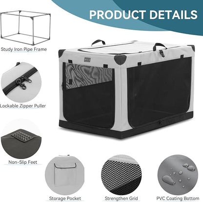 PETSFIT 40" Soft Portable Dog Crate – Patented Spiral Sturdy Frame, Collapsible Travel Kennel for Large Dogs, 3 Mesh Door, Lockable Zippers, Indoor & Car Use Gray