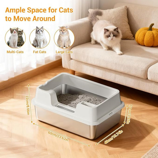 Enclosed Stainless Steel Cat Litter Box with Lid Extra Large Litter Box for Big Cats XL Metal Litter Pan Tray with High Wall Sides Enclosure, Non-Sticky, Anti-Leakage, Easy Cleaning