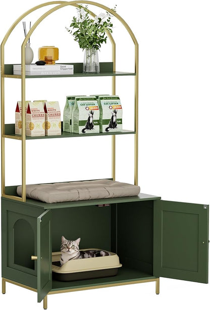 Homhedy Cat Litter Box Enclosure, Litter Box Furniture Hidden with 2-Tier Storage Shelves, Wooden Cat Washroom Furniture with Metal Frame, Modern Style, Green and Gold